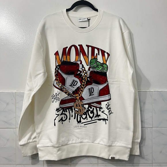 Left Point Sweatshirt Money Sneakers Graffiti Rhinestones Y2K 90s Streetwear 3XL - Picture 3 of 16